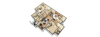 A 3D floor plan of a house with multiple rooms and furniture.