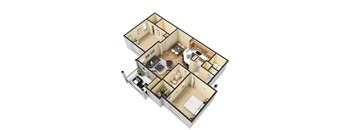 A 3D floor plan of a house with a kitchen, living room, and two bedrooms.