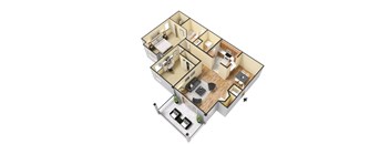 A 3D floor plan of a house with a kitchen, living room, and two bedrooms.