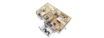 A 3D floor plan of a house with a kitchen, living room, dining room, and bedrooms.