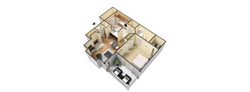 A 3D floor plan of a small apartment with a kitchen, living room, and bathroom.