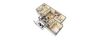 A 3D floor plan of a house with a kitchen, living room, and two bedrooms.