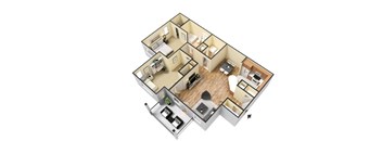 A 3D floor plan of a house with a kitchen, living room, and bedrooms.