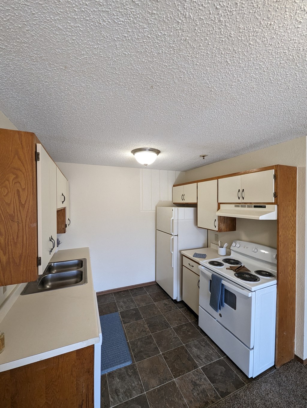 a kitchen with a stove and a refrigerator and a sink