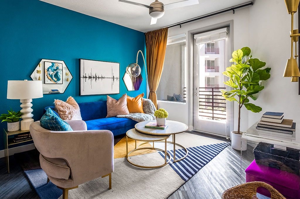 a living room with a blue wall and a blue couch