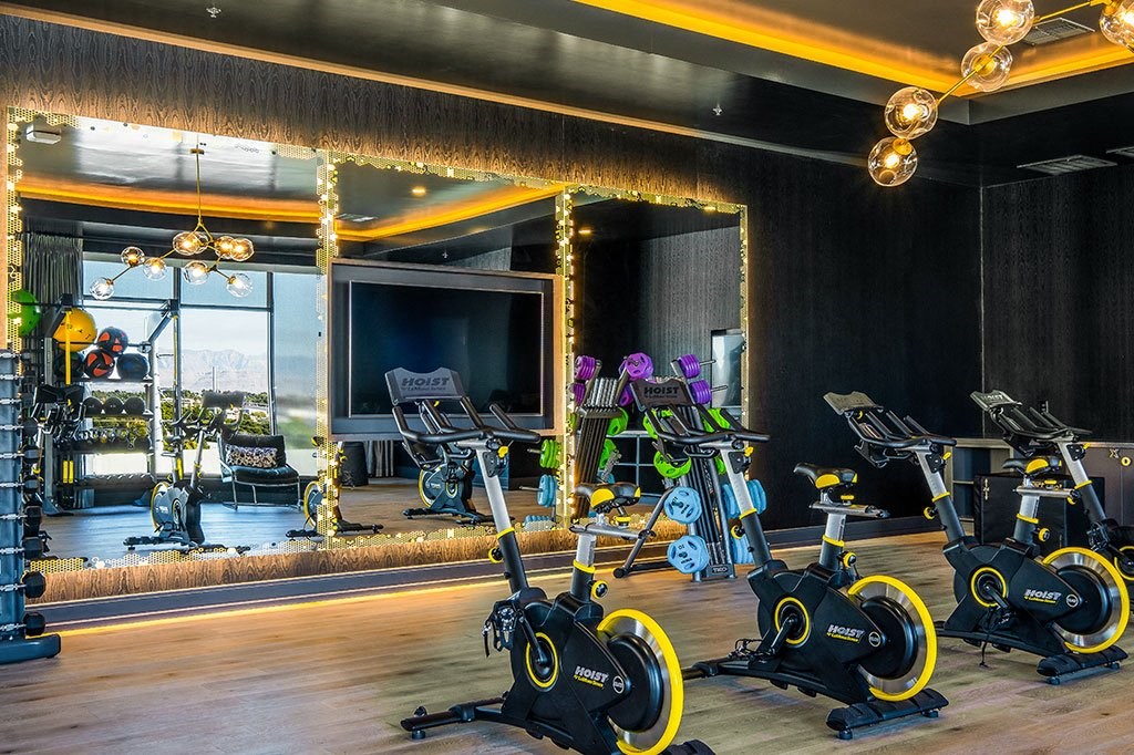 a gym with a row of exercise bikes in front of a mirror