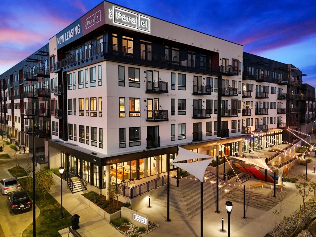 The Parallel exterior night shot with lights on