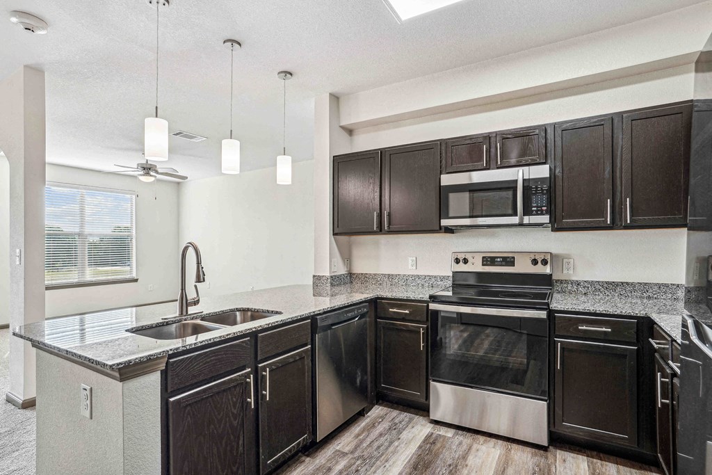 Pet-Friendly Rentals in Bentonville, AR – Parc at Bentonville – A kitchen with black cabinets and stainless steel appliances.