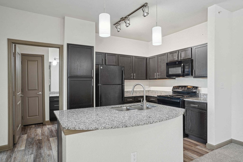 Pet-Friendly Rentals in Bentonville, AR – Parc at Bentonville – A kitchen with black appliances and a granite countertop.