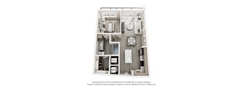 A 3D floor plan of a small apartment with a kitchen, living room, and bathroom.