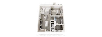 A 3D floor plan of a small apartment with a kitchen, living room, and bathroom.