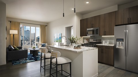 A modern kitchen with a view of the city.