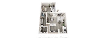 A 3D floor plan of a small apartment with a kitchen, living room, and bathroom.