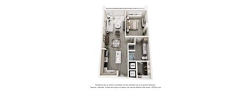 A 3D floor plan of a small apartment with a kitchen, living room, and bathroom.