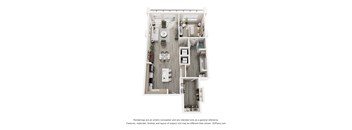 A floor plan of a small apartment with a kitchen, living room, and two bedrooms.