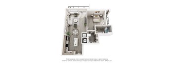 A 3D floor plan of a house with a kitchen, living room, and bathroom.