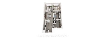 A 3D floor plan of a small apartment with a kitchen, living room, and bathroom.