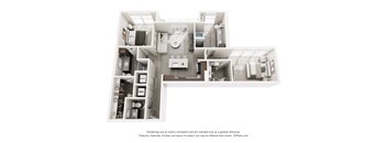 A 3D floor plan of a house with labeled rooms.