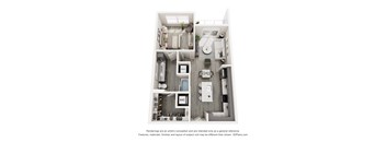 A 3D floor plan of a small apartment with a kitchen, living room, and bathroom.