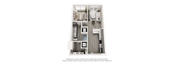 A floor plan of a small apartment with a kitchen, bathroom, and bedroom.