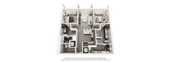 A 3D floor plan of a small apartment with a kitchen, living room, and two bedrooms.