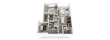 A 3D floor plan of a house with a kitchen, living room, and two bedrooms.