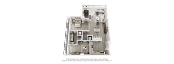 A 3D floor plan of a house with a kitchen, living room, and two bedrooms.