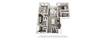 A 3D floor plan of a house with a kitchen, living room, and bathroom.