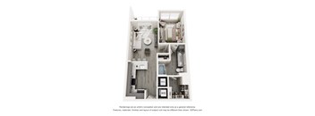 A floor plan of a small apartment with a kitchen, living room, and bathroom.