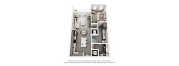 A 3D floor plan of a small apartment with a kitchen, living room, and bathroom.
