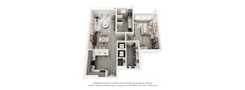 A 3D floor plan of a house with a kitchen, living room, and bathroom.