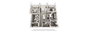 A 3D floor plan of a house with a kitchen, living room, and two bedrooms.