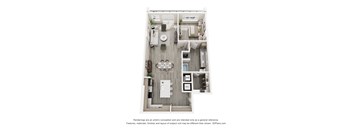 A floor plan of a small apartment with a kitchen, living room, and two bedrooms.