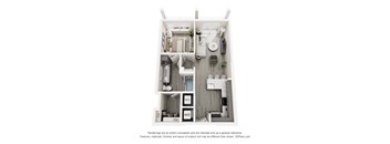 A 3D floor plan of a small apartment with a kitchen, living room, and bathroom.