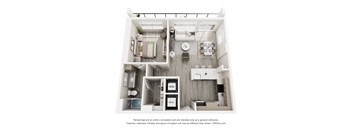 A 3D floor plan of a small apartment with a kitchen, living room, and bathroom.