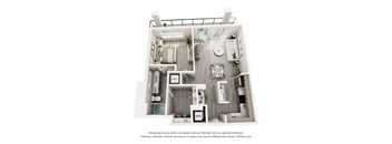A 3D floor plan of a small apartment with a kitchen, living room, and bathroom.