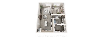 A 3D floor plan of a small apartment with a kitchen, living room, and bathroom.