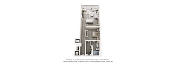 A 3D floor plan of a small apartment with a kitchen, living room, and bathroom.