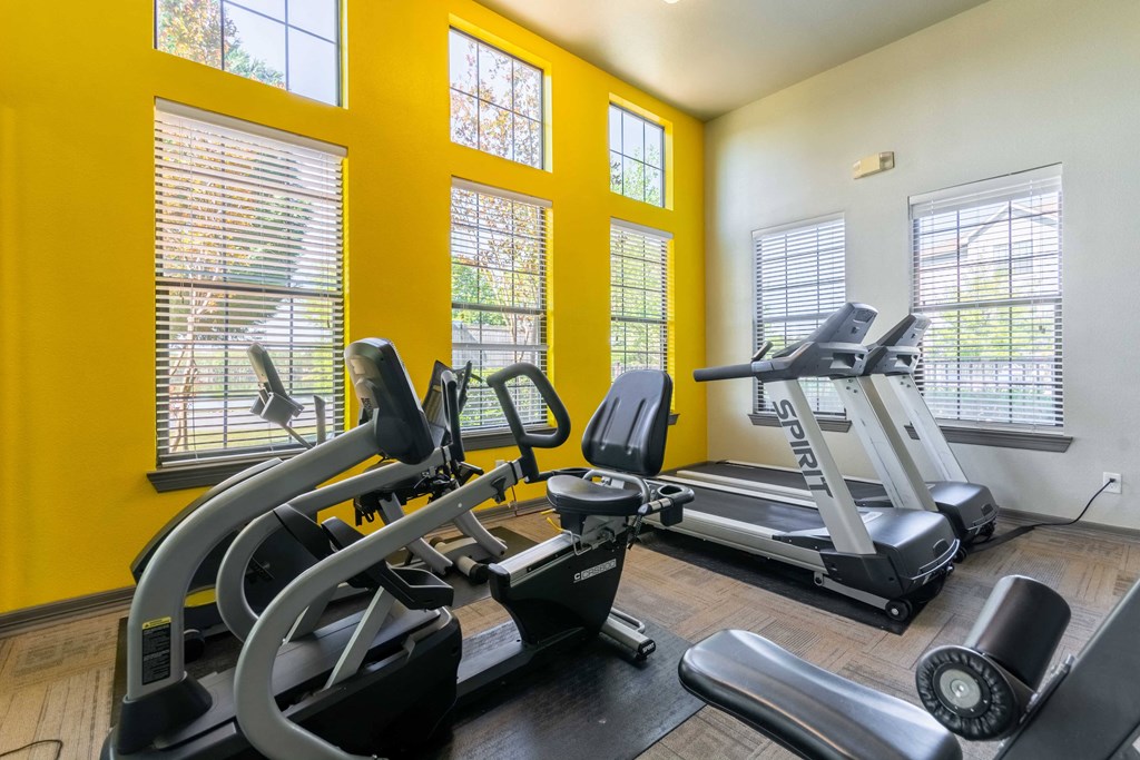 1, 2 & 3-Bedroom Apartments for Rent in Maumelle, AR – Parc at Maumelle – gym with cardio equipment and lifting equipment surrounded by windows