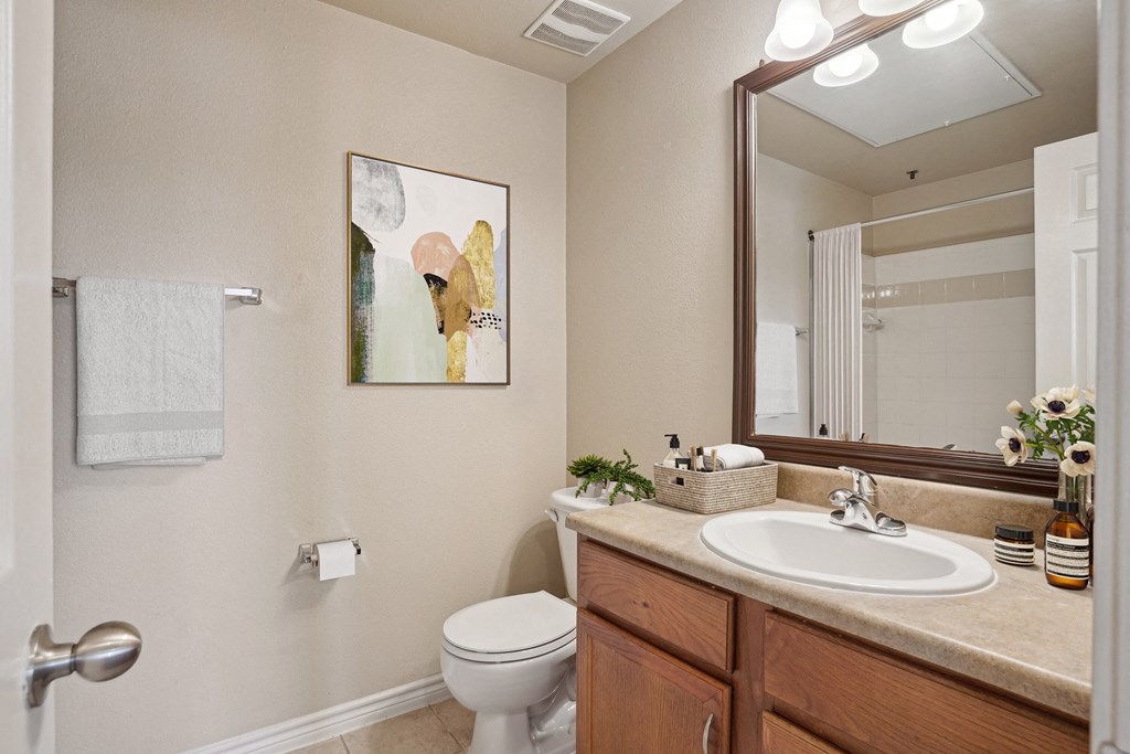Apartments for Rent in Rogers, AR 72758– Parc at Rogers-   A bathroom with a toilet, sink, and mirror.
