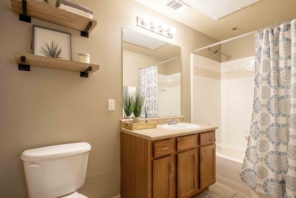 bathroom with a toilet and wood cabinets and sink and mirror and lights