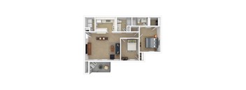 The Parc at Clarksville apartments in Clarksville Tennessee photo of two bedroom floorplan 3D with furniture