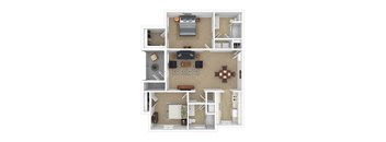 The Parc at Clarksville apartments in Clarksville Tennessee photo of two bedroom floorplan 3D With furniture