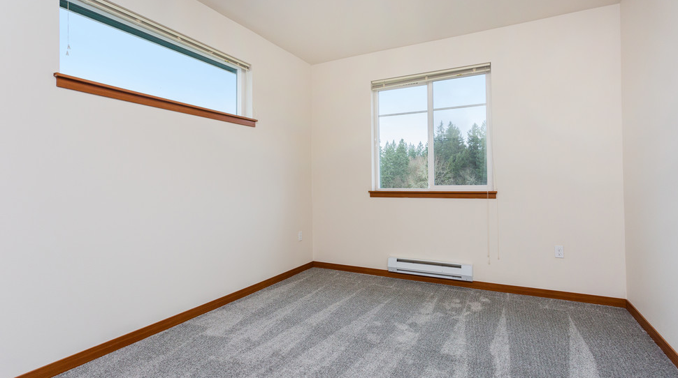 a room with two windows and a carpet
