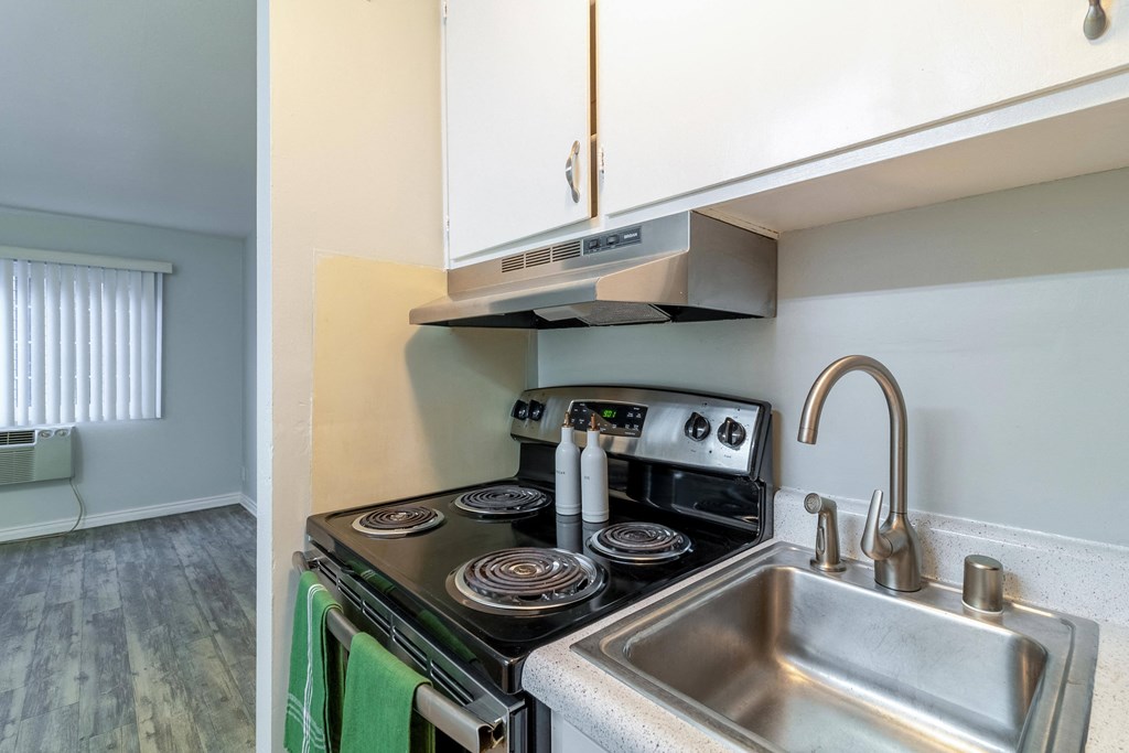 an apartment kitchen with a sink and stove and a microwave