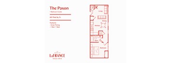 A red floor plan of a one bedroom condo with a living room, dining room, kitchen, and bathroom.