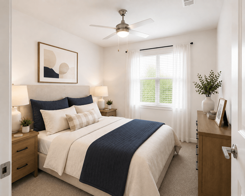 A bedroom with a bed, nightstand, and a ceiling fan.