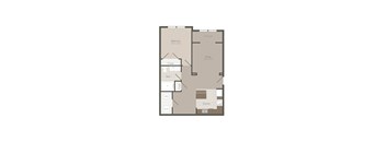 Peachtree Creek On Ponce Clarkston Affordable Property 1b 1b 2D Floor Plans A floor plan of a small apartment with a bedroom, living room, and kitchen.