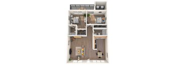 3D floorplan of a two-bedroom apartment at Coronado Springs Apartments in Palm Springs, Florida, showing an open-concept living and dining area, modern kitchen with full appliances, spacious bedroom, bathroom, and private patio or balcony