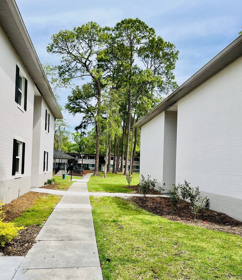 a walkway between two white buildings with grass and trees